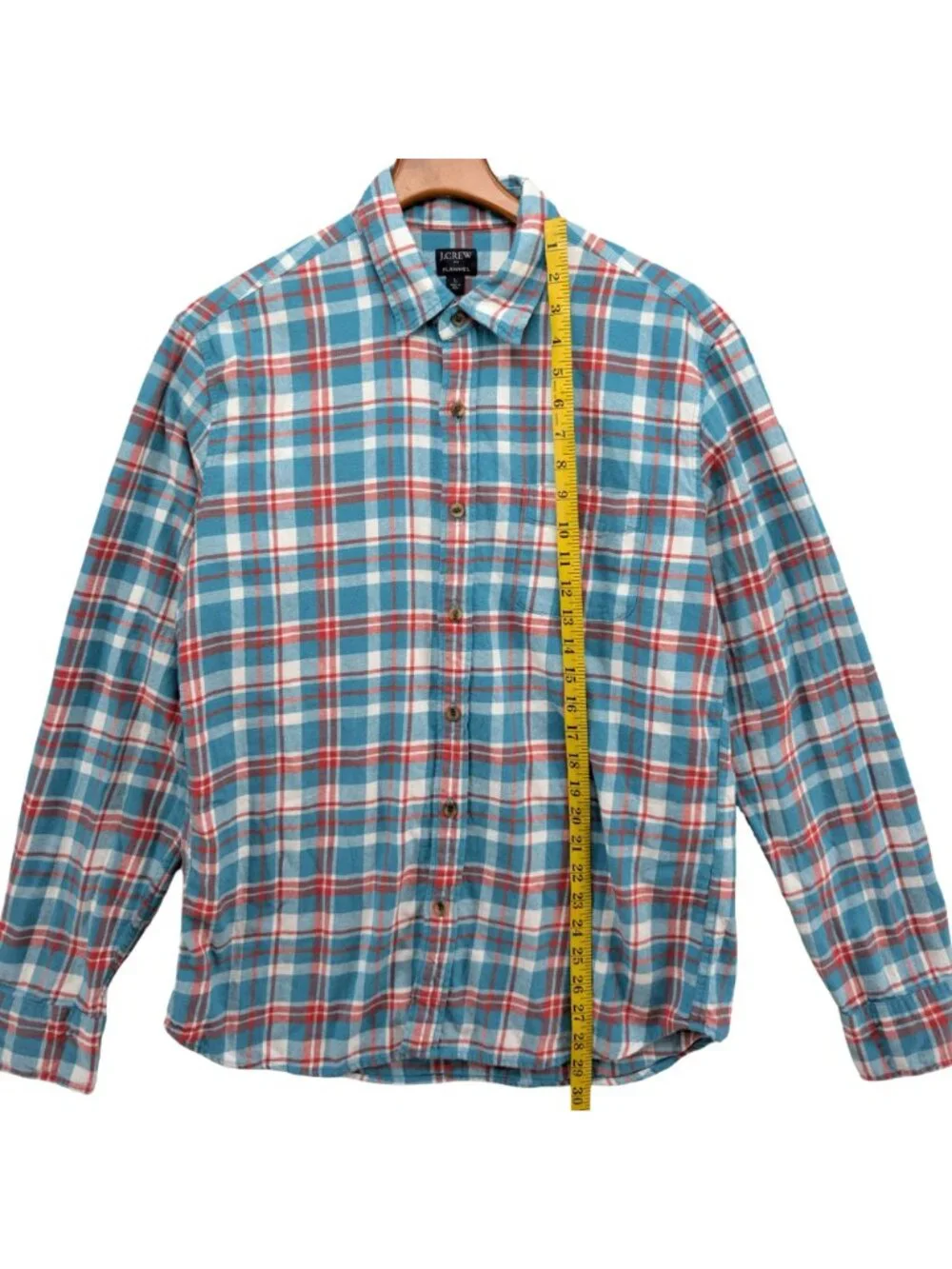 J.CREW Plaid Flannel Shirt Mens Aqua Blue Red Long Sleeve Button Down Size L